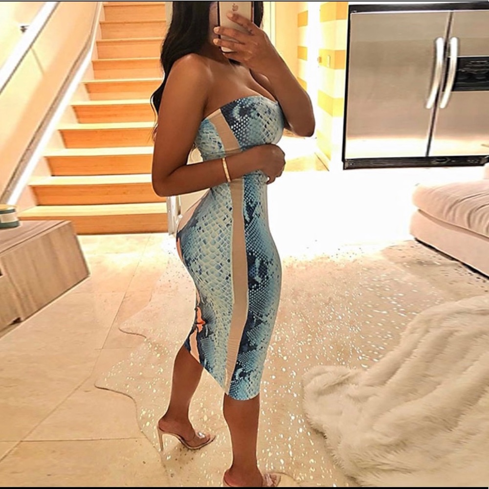 Women sexy snakeskin print strapless bodycon tube dress